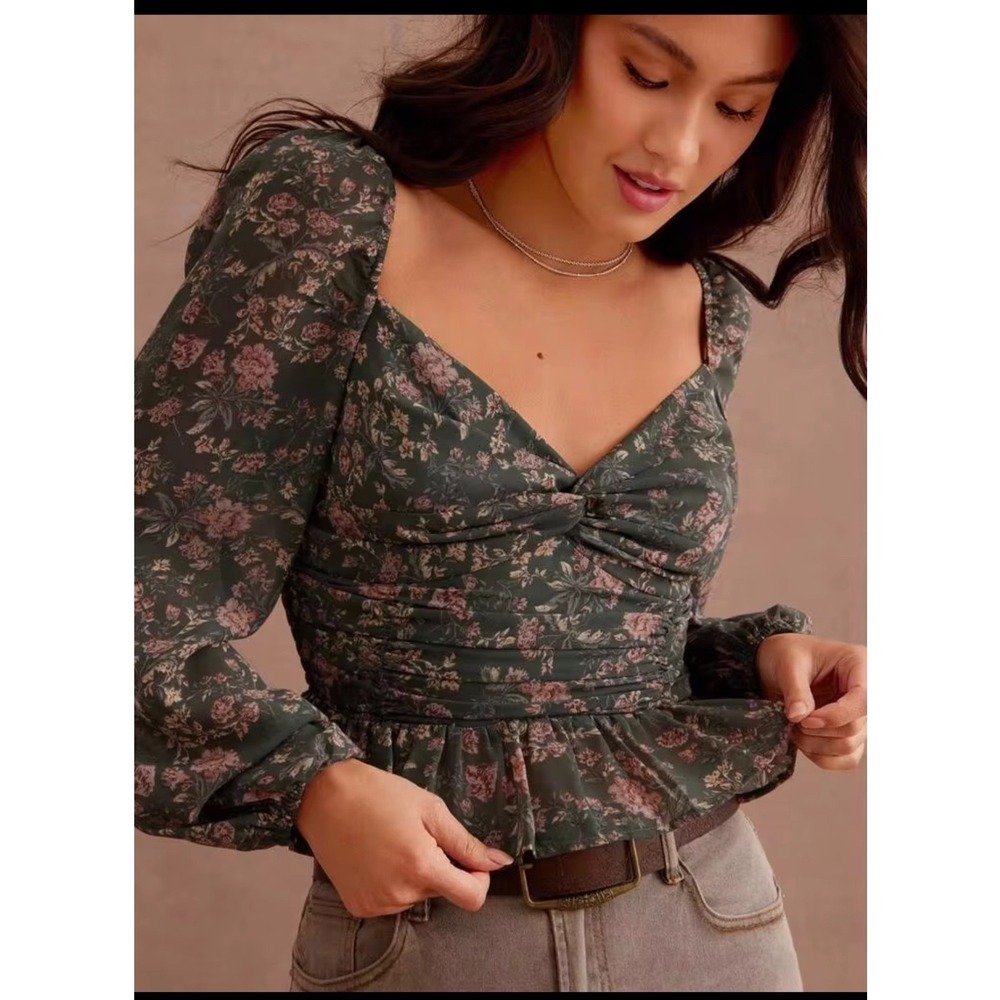 Green Ditsy Floral Milkmaid Peplum Top S Puff Sleeve Coquette Cottagecore Dainty